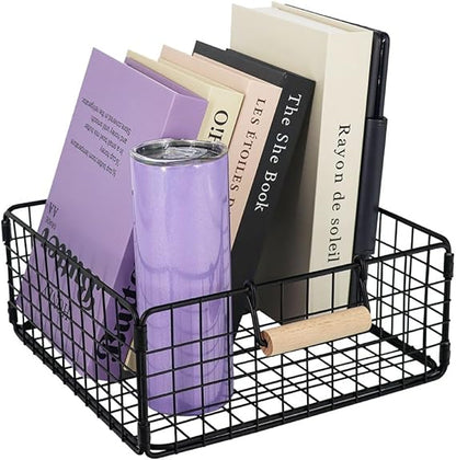 Foldable Wire Storage Basket with Wooden Handle