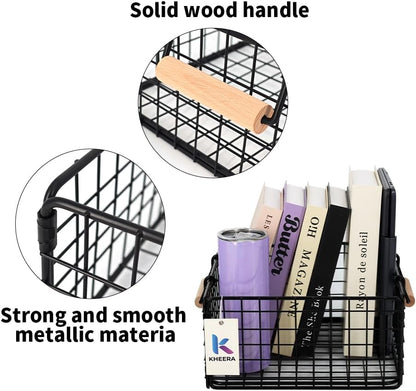 Foldable Wire Storage Basket with Wooden Handle