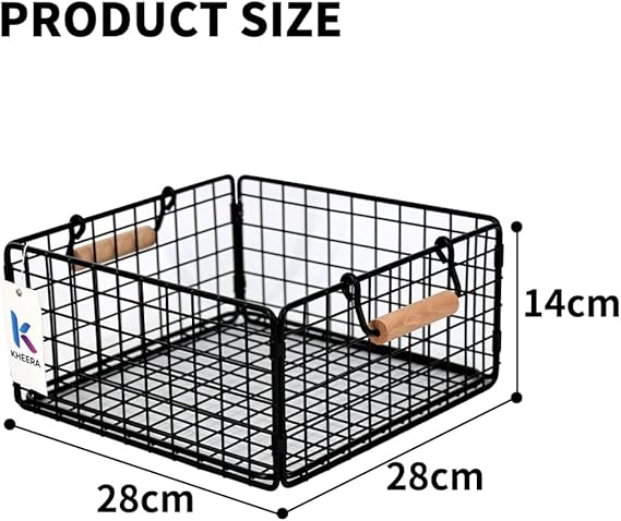 Foldable Wire Storage Basket with Wooden Handle