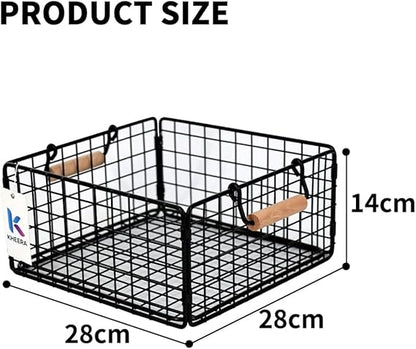 Foldable Wire Storage Basket with Wooden Handle