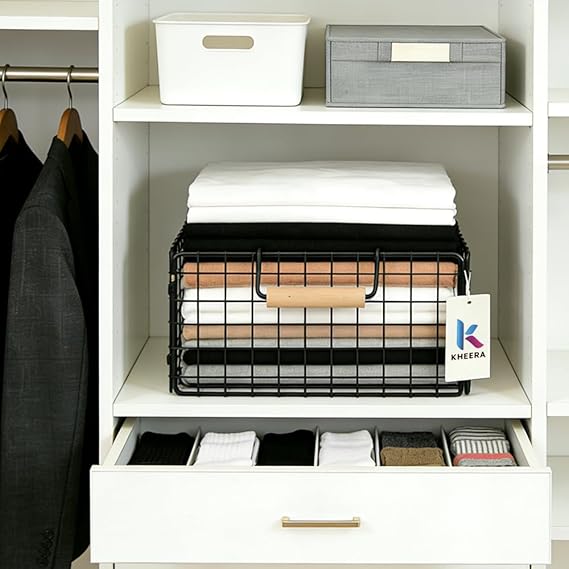 Foldable Wire Storage Basket with Wooden Handle