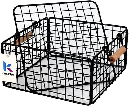 Foldable Wire Storage Basket with Wooden Handle