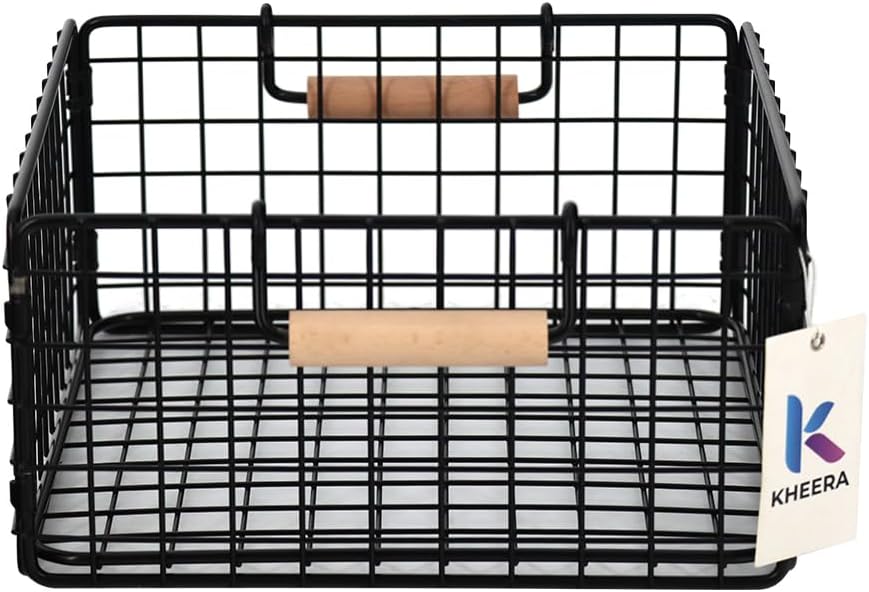 Foldable Wire Storage Basket with Wooden Handle