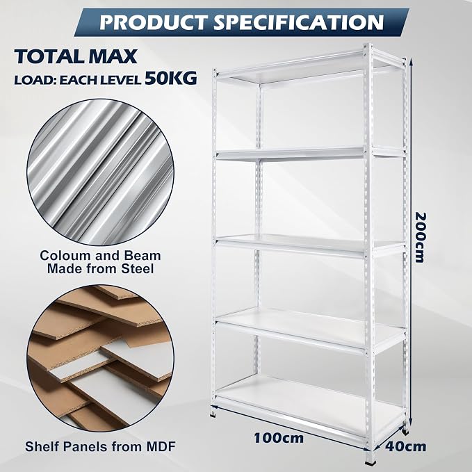 5-Tier Medium Duty Storage Shelf (40cm, White)
