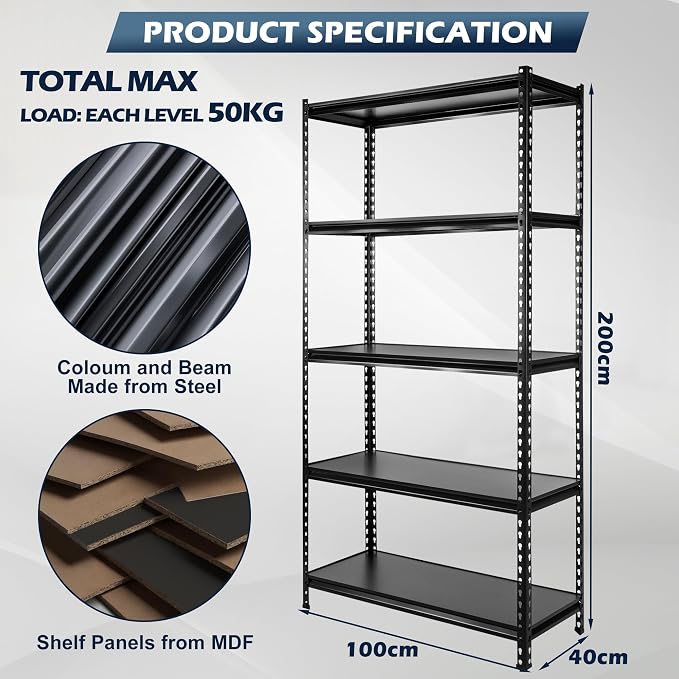 5-Tier Medium Duty Storage Shelf (40CM, Black)